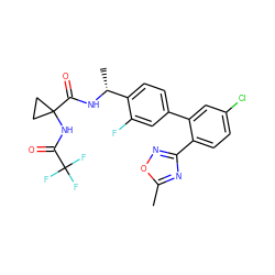 Cc1nc(-c2ccc(Cl)cc2-c2ccc([C@@H](C)NC(=O)C3(NC(=O)C(F)(F)F)CC3)c(F)c2)no1 ZINC000028822402