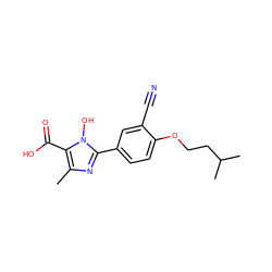 Cc1nc(-c2ccc(OCCC(C)C)c(C#N)c2)n(O)c1C(=O)O ZINC000205076344