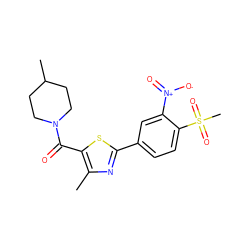 Cc1nc(-c2ccc(S(C)(=O)=O)c([N+](=O)[O-])c2)sc1C(=O)N1CCC(C)CC1 ZINC000084690708