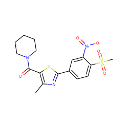 Cc1nc(-c2ccc(S(C)(=O)=O)c([N+](=O)[O-])c2)sc1C(=O)N1CCCCC1 ZINC000084690551