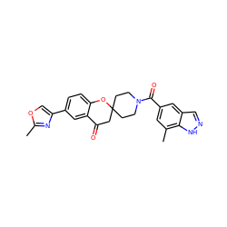 Cc1nc(-c2ccc3c(c2)C(=O)CC2(CCN(C(=O)c4cc(C)c5[nH]ncc5c4)CC2)O3)co1 ZINC000049067588