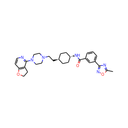 Cc1nc(-c2cccc(C(=O)N[C@H]3CC[C@H](CCN4CCN(c5nccc6c5CCO6)CC4)CC3)c2)no1 ZINC000261093795