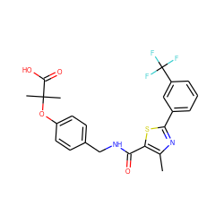 Cc1nc(-c2cccc(C(F)(F)F)c2)sc1C(=O)NCc1ccc(OC(C)(C)C(=O)O)cc1 ZINC000035246694