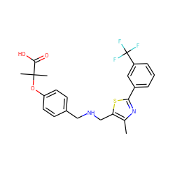 Cc1nc(-c2cccc(C(F)(F)F)c2)sc1CNCc1ccc(OC(C)(C)C(=O)O)cc1 ZINC000299828205