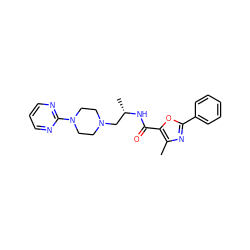 Cc1nc(-c2ccccc2)oc1C(=O)N[C@@H](C)CN1CCN(c2ncccn2)CC1 ZINC000045357299