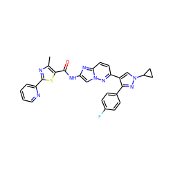 Cc1nc(-c2ccccn2)sc1C(=O)Nc1cn2nc(-c3cn(C4CC4)nc3-c3ccc(F)cc3)ccc2n1 ZINC001772627126