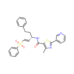 Cc1nc(-c2cccnc2)sc1C(=O)N[C@H](/C=C/S(=O)(=O)c1ccccc1)CCc1ccccc1 ZINC000049109473