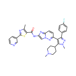 Cc1nc(-c2cccnc2)sc1C(=O)Nc1cn2nc(-c3c(-c4ccc(F)cc4)nn(C)c3C3CCN(C)CC3)ccc2n1 ZINC000220065929