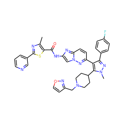 Cc1nc(-c2cccnc2)sc1C(=O)Nc1cn2nc(-c3c(-c4ccc(F)cc4)nn(C)c3C3CCN(Cc4ccon4)CC3)ccc2n1 ZINC001772637665