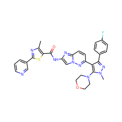 Cc1nc(-c2cccnc2)sc1C(=O)Nc1cn2nc(-c3c(-c4ccc(F)cc4)nn(C)c3N3CCOCC3)ccc2n1 ZINC001772649406