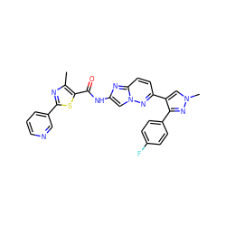 Cc1nc(-c2cccnc2)sc1C(=O)Nc1cn2nc(-c3cn(C)nc3-c3ccc(F)cc3)ccc2n1 ZINC001772639301