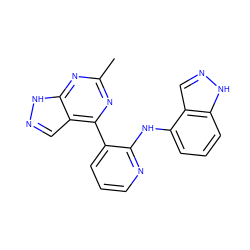 Cc1nc(-c2cccnc2Nc2cccc3[nH]ncc23)c2cn[nH]c2n1 ZINC000095554352