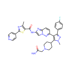 Cc1nc(-c2ccncc2)sc1C(=O)Nc1cn2nc(-c3c(-c4ccc(F)cc4)nn(C)c3C3CCN(CC(N)=O)CC3)ccc2n1 ZINC000220125419