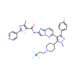 Cc1nc(-c2ccncc2)sc1C(=O)Nc1cn2nc(-c3c(-c4ccc(F)cc4)nn(C)c3C3CCN(CCC(F)(F)F)CC3)ccc2n1 ZINC001772657325