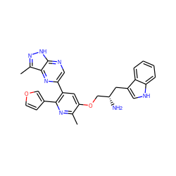 Cc1nc(-c2ccoc2)c(-c2cnc3[nH]nc(C)c3n2)cc1OC[C@@H](N)Cc1c[nH]c2ccccc12 ZINC000045352972