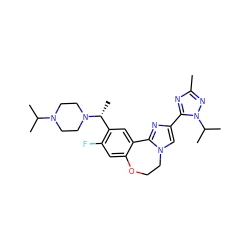 Cc1nc(-c2cn3c(n2)-c2cc([C@@H](C)N4CCN(C(C)C)CC4)c(F)cc2OCC3)n(C(C)C)n1 ZINC000204431687