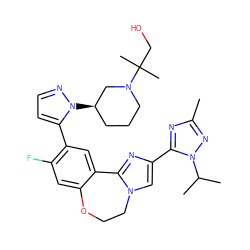 Cc1nc(-c2cn3c(n2)-c2cc(-c4ccnn4[C@@H]4CCCN(C(C)(C)CO)C4)c(F)cc2OCC3)n(C(C)C)n1 ZINC000144274552