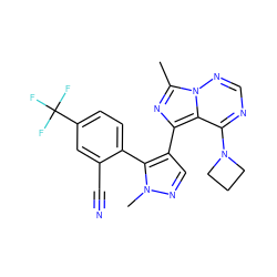 Cc1nc(-c2cnn(C)c2-c2ccc(C(F)(F)F)cc2C#N)c2c(N3CCC3)ncnn12 ZINC000169697379