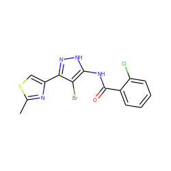 Cc1nc(-c2n[nH]c(NC(=O)c3ccccc3Cl)c2Br)cs1 ZINC000028712027