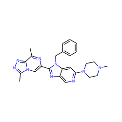 Cc1nc(-c2nc3cnc(N4CCN(C)CC4)cc3n2Cc2ccccc2)cn2c(C)nnc12 ZINC000209377465