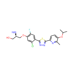 Cc1nc(-c2nnc(-c3cc(F)c(OC[C@H](N)CO)cc3Cl)s2)ccc1OC(C)C ZINC000653700843