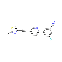 Cc1nc(C#Cc2ccc(-c3cc(F)cc(C#N)c3)nc2)cs1 ZINC000043152990