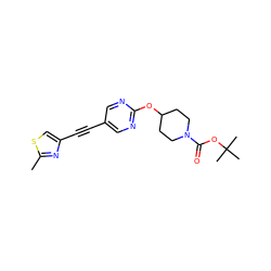 Cc1nc(C#Cc2cnc(OC3CCN(C(=O)OC(C)(C)C)CC3)nc2)cs1 ZINC000137238234