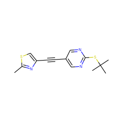 Cc1nc(C#Cc2cnc(SC(C)(C)C)nc2)cs1 ZINC000043152995