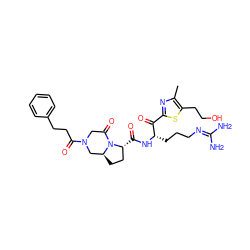 Cc1nc(C(=O)[C@H](CCCN=C(N)N)NC(=O)[C@@H]2CC[C@H]3CN(C(=O)CCc4ccccc4)CC(=O)N32)sc1CCO ZINC000027987484