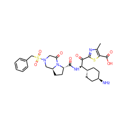 Cc1nc(C(=O)[C@H](NC(=O)[C@@H]2CC[C@H]3CN(S(=O)(=O)Cc4ccccc4)CC(=O)N32)[C@H]2CC[C@H](N)CC2)sc1C(=O)O ZINC000261093252