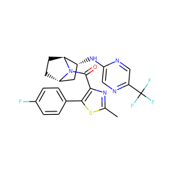 Cc1nc(C(=O)N2[C@H]3CC[C@H]2[C@H](Nc2cnc(C(F)(F)F)cn2)C3)c(-c2ccc(F)cc2)s1 ZINC000221057553