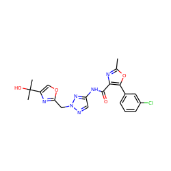 Cc1nc(C(=O)Nc2cnn(Cc3nc(C(C)(C)O)co3)n2)c(-c2cccc(Cl)c2)o1 ZINC000200098781