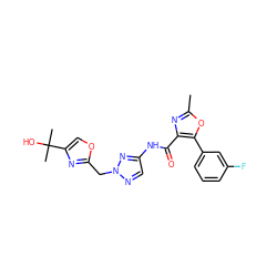 Cc1nc(C(=O)Nc2cnn(Cc3nc(C(C)(C)O)co3)n2)c(-c2cccc(F)c2)o1 ZINC000200100872