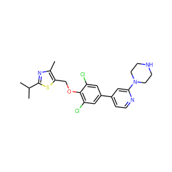 Cc1nc(C(C)C)sc1COc1c(Cl)cc(-c2ccnc(N3CCNCC3)c2)cc1Cl ZINC001772586409