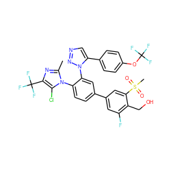 Cc1nc(C(F)(F)F)c(Cl)n1-c1ccc(-c2cc(F)c(CO)c(S(C)(=O)=O)c2)cc1-n1nncc1-c1ccc(OC(F)(F)F)cc1 ZINC000220676591