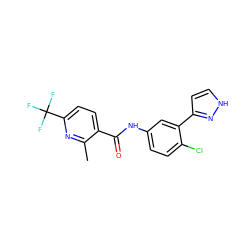 Cc1nc(C(F)(F)F)ccc1C(=O)Nc1ccc(Cl)c(-c2cc[nH]n2)c1 ZINC000045315648