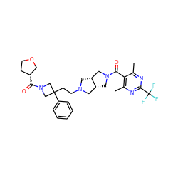 Cc1nc(C(F)(F)F)nc(C)c1C(=O)N1C[C@@H]2CN(CCC3(c4ccccc4)CN(C(=O)[C@@H]4CCOC4)C3)C[C@@H]2C1 ZINC000049756306