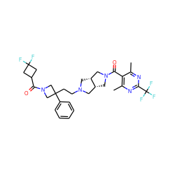 Cc1nc(C(F)(F)F)nc(C)c1C(=O)N1C[C@@H]2CN(CCC3(c4ccccc4)CN(C(=O)C4CC(F)(F)C4)C3)C[C@@H]2C1 ZINC000049756638