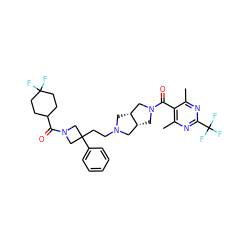 Cc1nc(C(F)(F)F)nc(C)c1C(=O)N1C[C@@H]2CN(CCC3(c4ccccc4)CN(C(=O)C4CCC(F)(F)CC4)C3)C[C@@H]2C1 ZINC000049757344