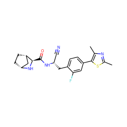 Cc1nc(C)c(-c2ccc(C[C@@H](C#N)NC(=O)[C@H]3N[C@@H]4CC[C@H]3C4)c(F)c2)s1 ZINC000219311353