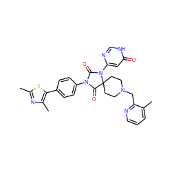 Cc1nc(C)c(-c2ccc(N3C(=O)N(c4cc(=O)[nH]cn4)C4(CCN(Cc5ncccc5C)CC4)C3=O)cc2)s1 ZINC000084722844