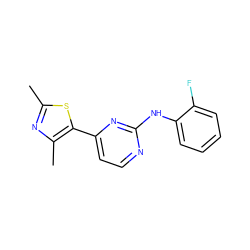 Cc1nc(C)c(-c2ccnc(Nc3ccccc3F)n2)s1 ZINC000013559862