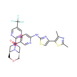 Cc1nc(C)c(-c2csc(Nc3ccc(C(=O)N4[C@H]5COC[C@H]4CN(c4ncc(C(F)(F)F)cn4)C5)cn3)n2)s1 ZINC001772632290