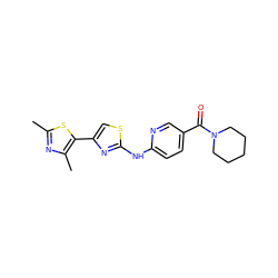 Cc1nc(C)c(-c2csc(Nc3ccc(C(=O)N4CCCCC4)cn3)n2)s1 ZINC001772641229