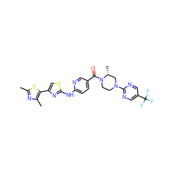 Cc1nc(C)c(-c2csc(Nc3ccc(C(=O)N4CCN(c5ncc(C(F)(F)F)cn5)C[C@H]4C)cn3)n2)s1 ZINC001772648923