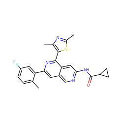 Cc1nc(C)c(-c2nc(-c3cc(F)ccc3C)cc3cnc(NC(=O)C4CC4)cc23)s1 ZINC000144380728