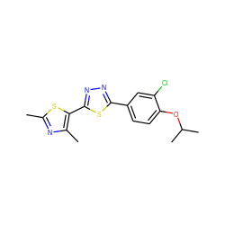 Cc1nc(C)c(-c2nnc(-c3ccc(OC(C)C)c(Cl)c3)s2)s1 ZINC000653709121