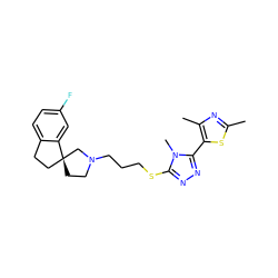 Cc1nc(C)c(-c2nnc(SCCCN3CC[C@]4(CCc5ccc(F)cc54)C3)n2C)s1 ZINC000064539578