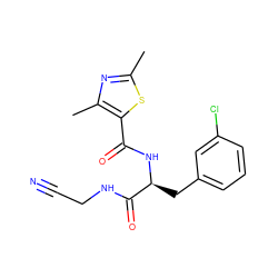 Cc1nc(C)c(C(=O)N[C@@H](Cc2cccc(Cl)c2)C(=O)NCC#N)s1 ZINC000043060336