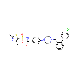 Cc1nc(C)c(S(=O)(=O)NC(=O)c2ccc(N3CCN(Cc4ccccc4-c4ccc(Cl)cc4)CC3)cc2)s1 ZINC000140039222